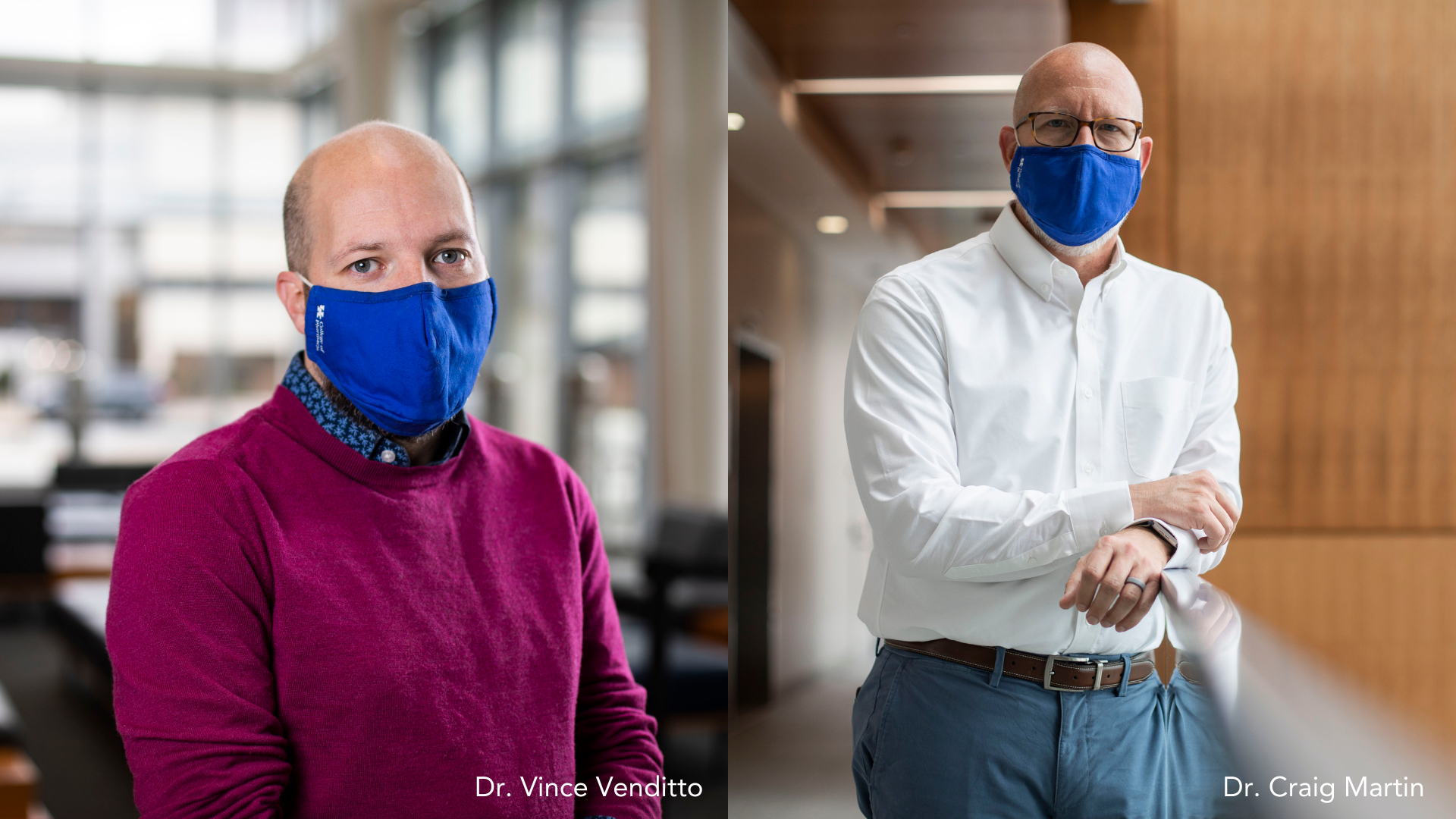 two men standing wearing blue face masks