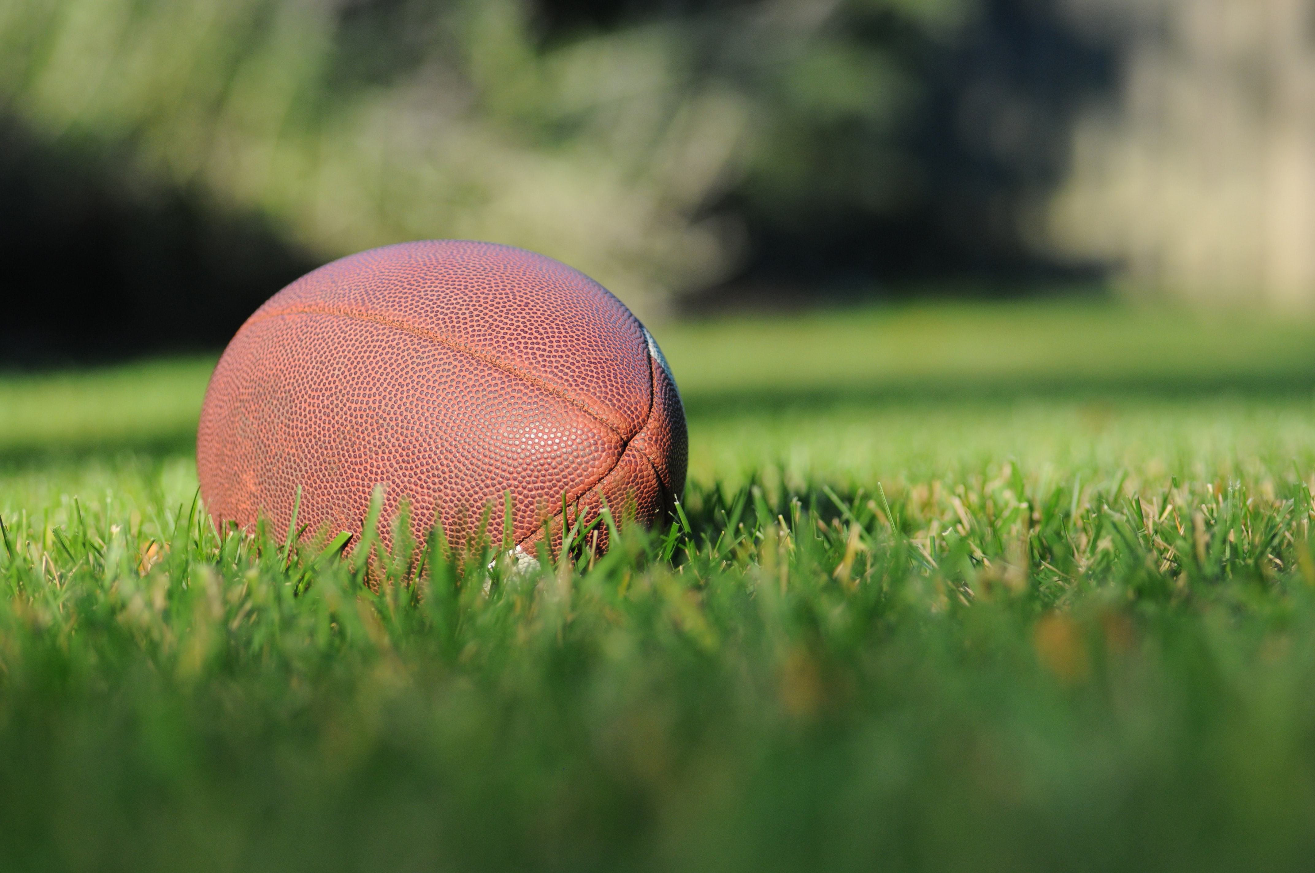 American football laying on green grass