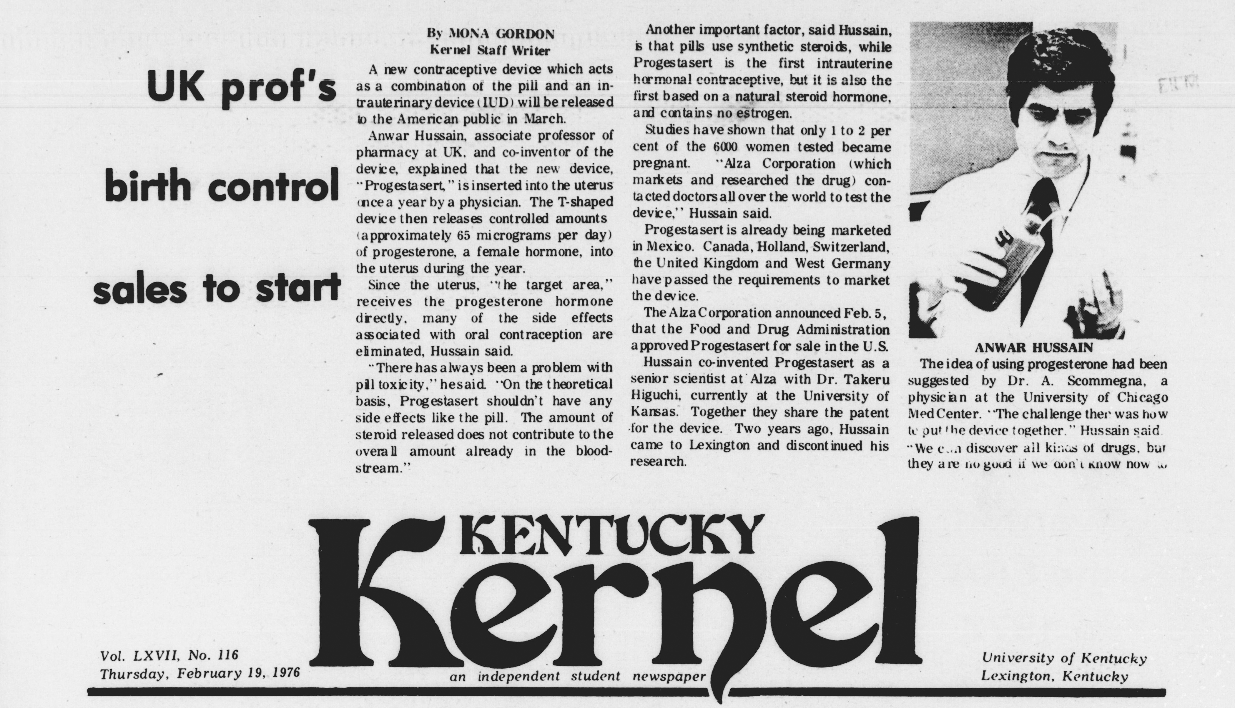 A newspaper article cutout detailing the work of Anwar Hussain on birth control drugs