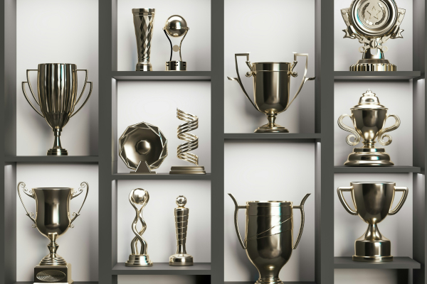 awards on a shelf