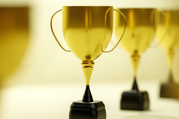 An image showing small golden cup awards lined up