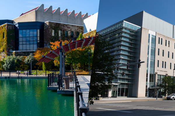 A split image showing a building on NKU's campus and the UK College of Pharmacy building on UK's campus
