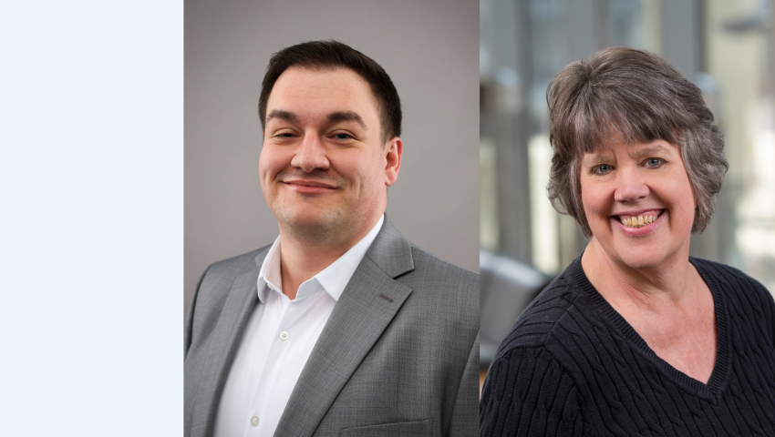 A split photo of Kyle Bryan and Trish Freeman's headshots