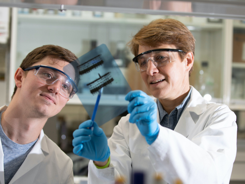 student looking at western blot with faculty member