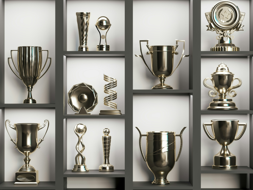 awards on a shelf