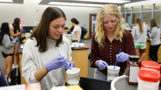 undergraduate students compounding in the lab