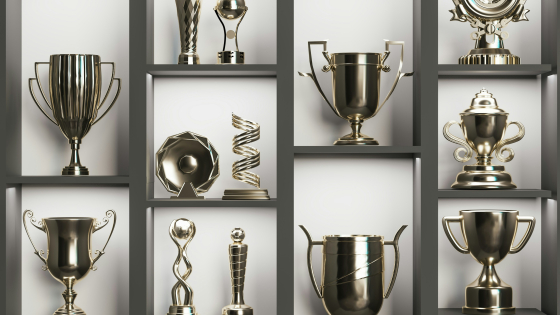 awards on a shelf