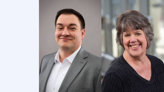 A split photo of Kyle Bryan and Trish Freeman's headshots