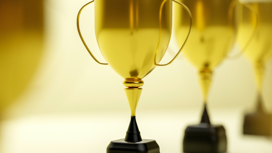 An image showing small golden cup awards lined up