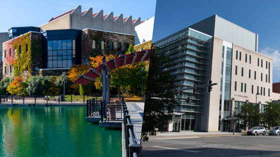 A split image showing a building on NKU's campus and the UK College of Pharmacy building on UK's campus