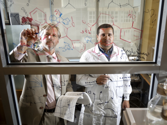 Two faculty members writing on glass
