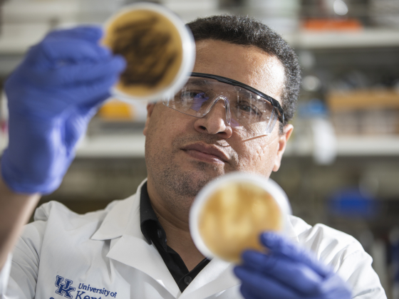 Man in lab holding petri dishes