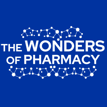 white logo on blue background showing the wonders of pharmacy and chemical structures of elements above and below