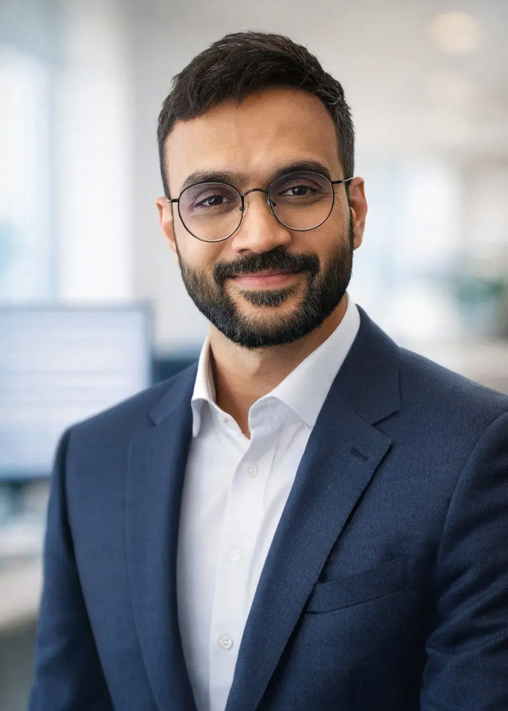 A dark haired bearded man wearing a white button down, navy blazer and glasses smiles at the camera